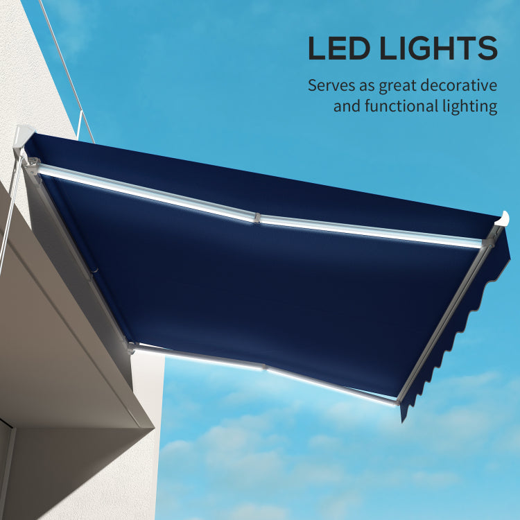 Outsunny 13' X 10' Electric Awning With Led Lights, Retractable Awning, Uv40 Sun Shade Shelter With Remote Controller And Crank Handle For Deck, Balcony, Yard, Blue