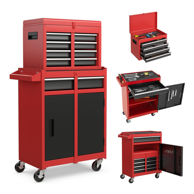 Tool Chest, 5 Drawer Rolling Tool Storage Cabinet With Detachable Top Tool Box, Liner, Universal Lockable Wheels, Adjustable Shelf, Locking Mechanism, Metal Tool Cart For Garage Workshop