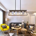 32" Walnut Industrial 5 Light Pendant Chandelier, Modern Metal Cage Design, Adjustable Hanging Light For Dining Room, Kitchen, Living Room No Bulbs