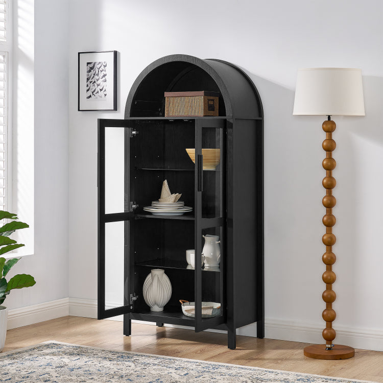 A High Arched Storage Cabinet With A Lamp, A Modern Retro Style Wooden Storage Cabinet With Adjustable Glass Partitions, Suitable For Use As A Multi Functional Cabinet In Kitchens Black