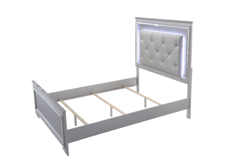 1Pc Modern Queen Led Faux Leather Upholstery Panel Bed Beveled Mirror Accents Textured Footboard Silver Beige Finish