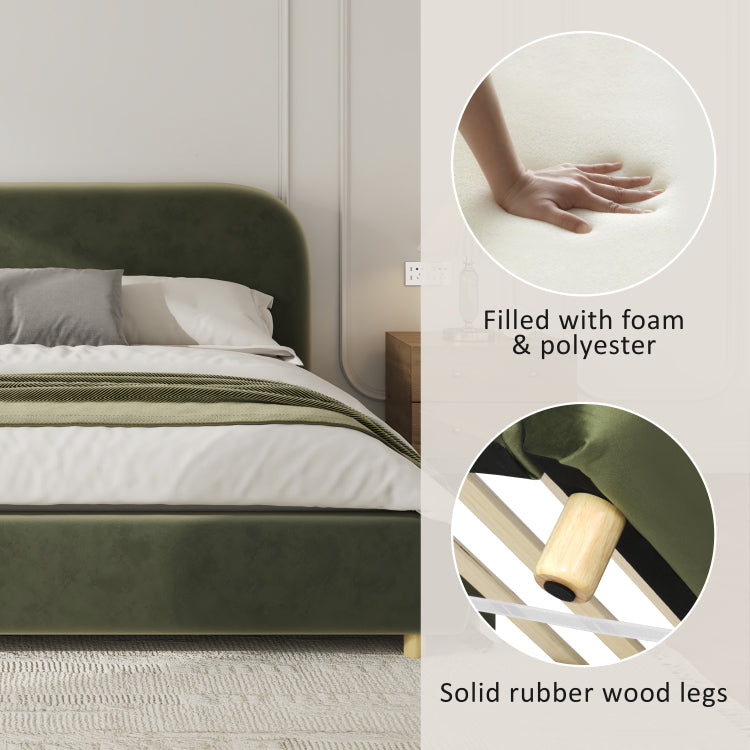 King Size Platform Bed With Velvet Fabric, Upholstered Platform Bed With Curve Shaped Design Headboard, Olive Green
