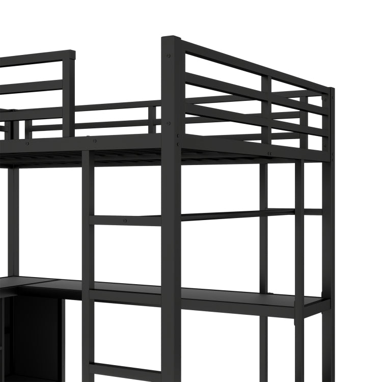 Metal Loft Bed With Wardrobe And L Shaped Desk, Full Size Loft Bed With Storage Cubes And Shelves, Loft Bed For Kids Teens Adults, Black