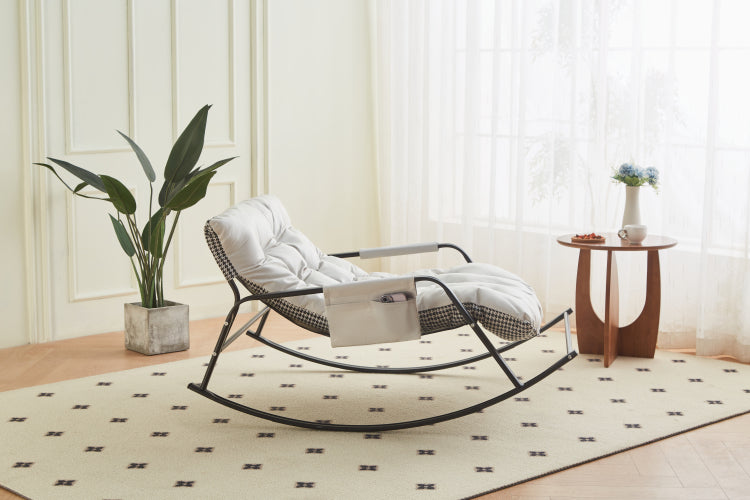 Rocking Chair With Extra Wide Technical Leather Upholstered Gliding Chair Boucle Reclining Chair, Modern Accent Chair For Living Room Nursery Bedroom White