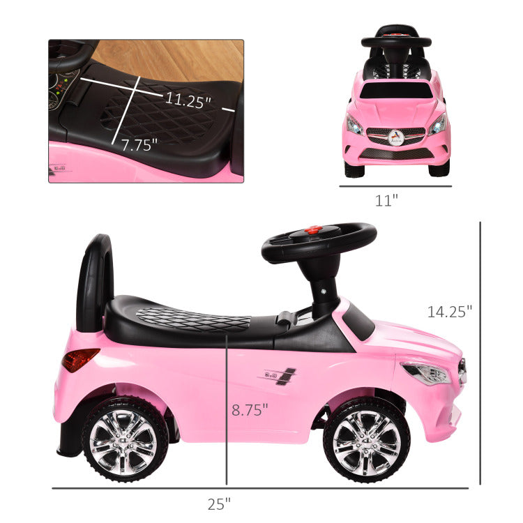 Aosom Kids Ride On Push Car, Foot To Floor Walking Sliding Toy Car For Toddler With Working Horn, Music, Headlights And Storage, Pink