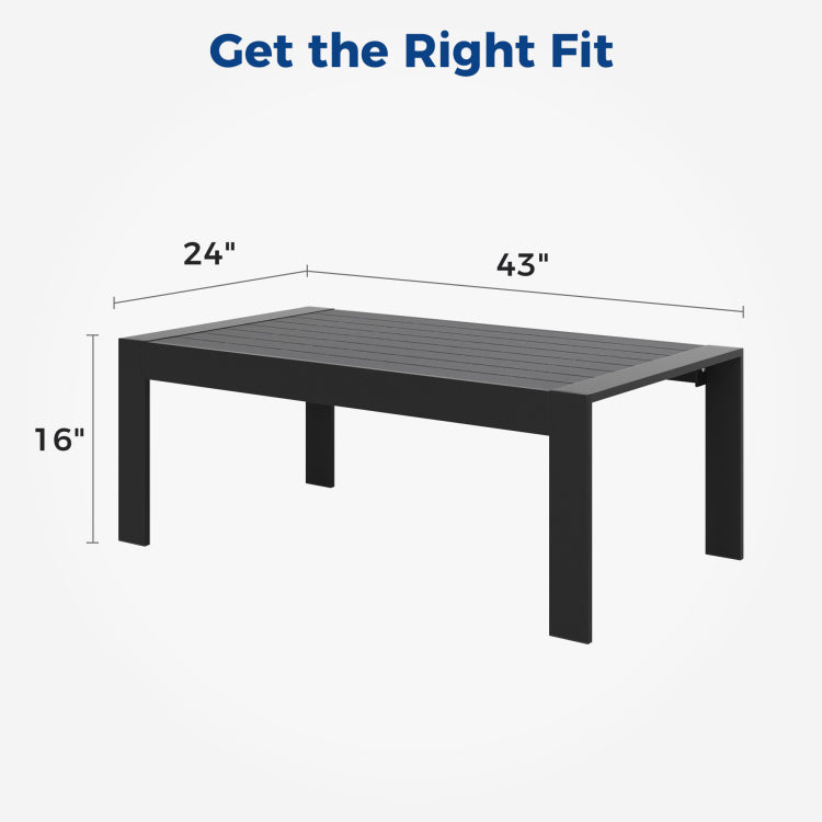 All Weather Aluminum Outdoor Coffee Table, Modern Coffee Table For Outside, Rectangle Patio Coffee Table Black