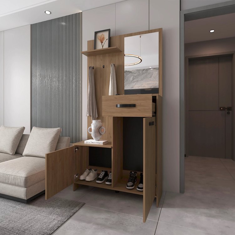 Natural Oak Hall Tree Multistorage With 1 Mirror And Adjustable Legs