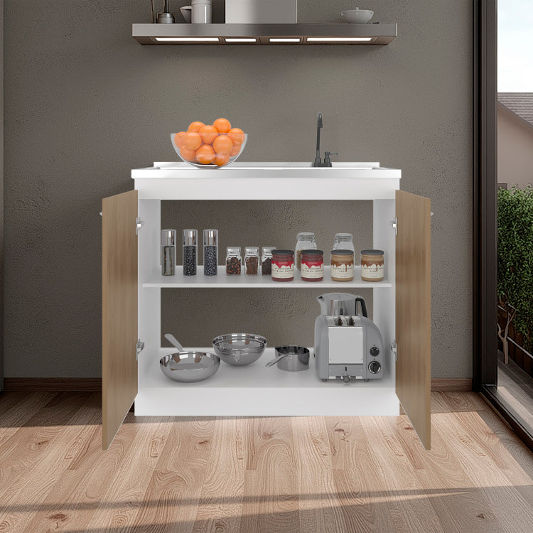 Napoles Utility Sink With Faucet Inclued And Integrated Stainless Steel Counter Top, Freestanding Cabinet With Two Doors, Metal Handles And Two Interior Shelves, Natural White