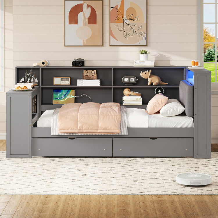 Wood Twin Size Platform Bed With Storage Shelves, Drawers, Charging Station, Led, Desk And Upholstered Headboard, Grey Grey Cushion