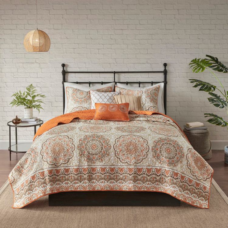 6 Piece Reversible Quilt Set With Throw Pillows Orange Full Queen