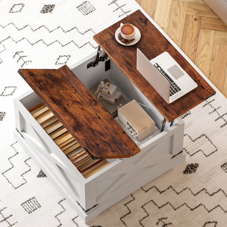 Lift Top Coffee Table With Storage & Charging Station,Multi Functional Lifting Dining Table Coffee Table,Living Room Home Table,Space Saving Modern Design.35.4"X 35.4",Vintage White