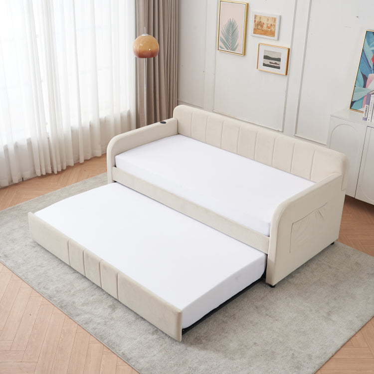 Twin Upholstered Daybed Frame With Trundle, Twin Size Sofa Bed For Bedroom Living Room Guest Room, Wood Slat Support, Beige