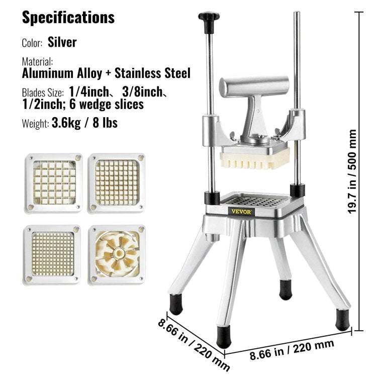 Commercial Vegetable Fruit Chopper, Stainless Steel French Fry Cutter With 4 Blades 1 4" 3 8" 1 2", 6 Wedge Slicer, Chopper Dicer With Tray, Heavy Duty Cutter For Potato Tomato Onion Mushroom