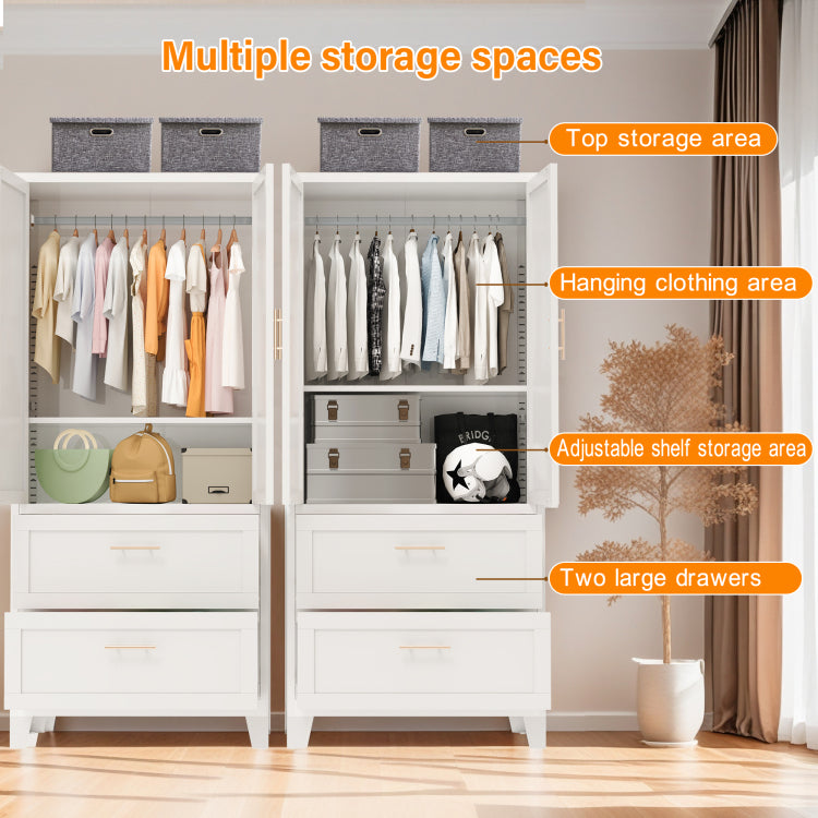 71" Tall Metal Wardrobe Cabinet With 2 Drawers And Hanging Rod, 2 Doors Wardrobe Closet With Shelf For Bedroom, Office, Laundry Room,Entryway ,Foyer,Guesthouse White