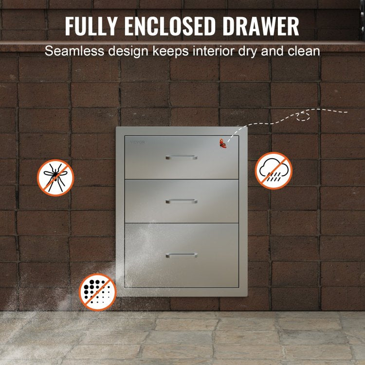 18X20.5 Inch Outdoor Kitchen Stainless Steel Triple Access Bbq Drawers With Chrome Handle, 18 X23 X 23 Inch