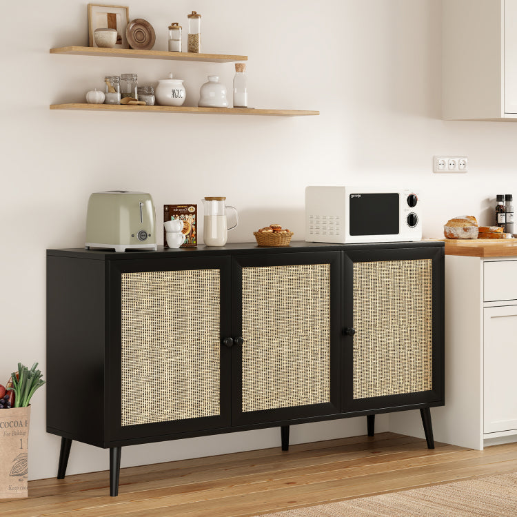Sideboard Buffet Cabinet With 3 Rattan Doors,Modern Kitchen Storage Console Cabinet For Entryway Living Room Large,Black