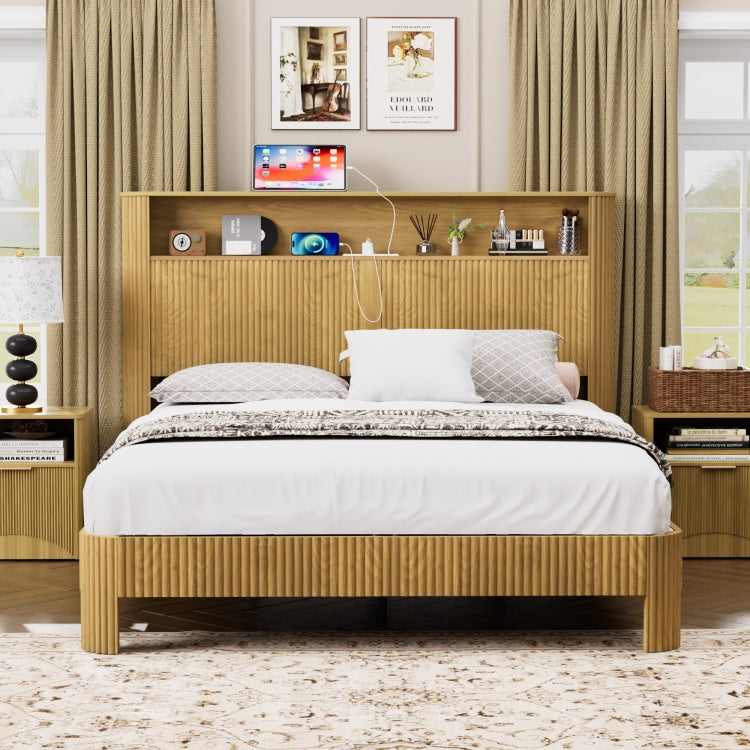 Queen Size Bed Frame With Storage Headboard, Built In Charging Station, Wavy Curved Lines Design, Silent Operation, Metal Support, Natural