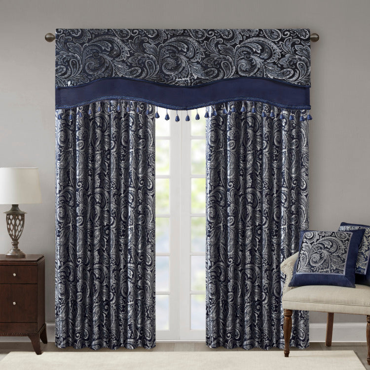 Jacquard Window Rod Pocket Valance With Ds Navy 50X18"
