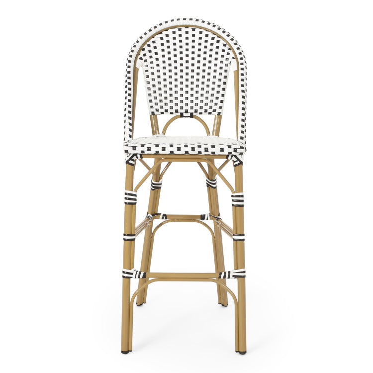 29.5" Outdoor Pe Rattan French Barstool, White And Black, Aluminum Frame With Bamboo Finish Set Of 2