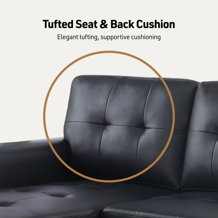 Lucca 84"W Black Vegan Leather Modern Reversible Sleeper Sectional Sofa With Storage Chaise