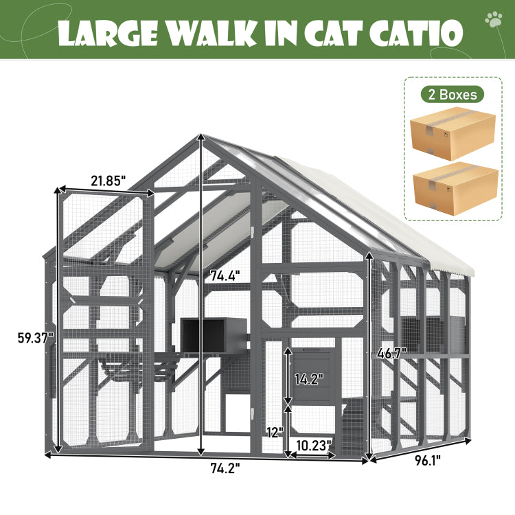 Large Catio Outdoor Cat Enclosure For Multiple Kittens, Wooden Cat House With 7 Platforms, 2 Resting Boxes, 1 Bridge And 1 Ramp, Walk In Kitty Cage Kennel With Sunshine Board Roof, Gray