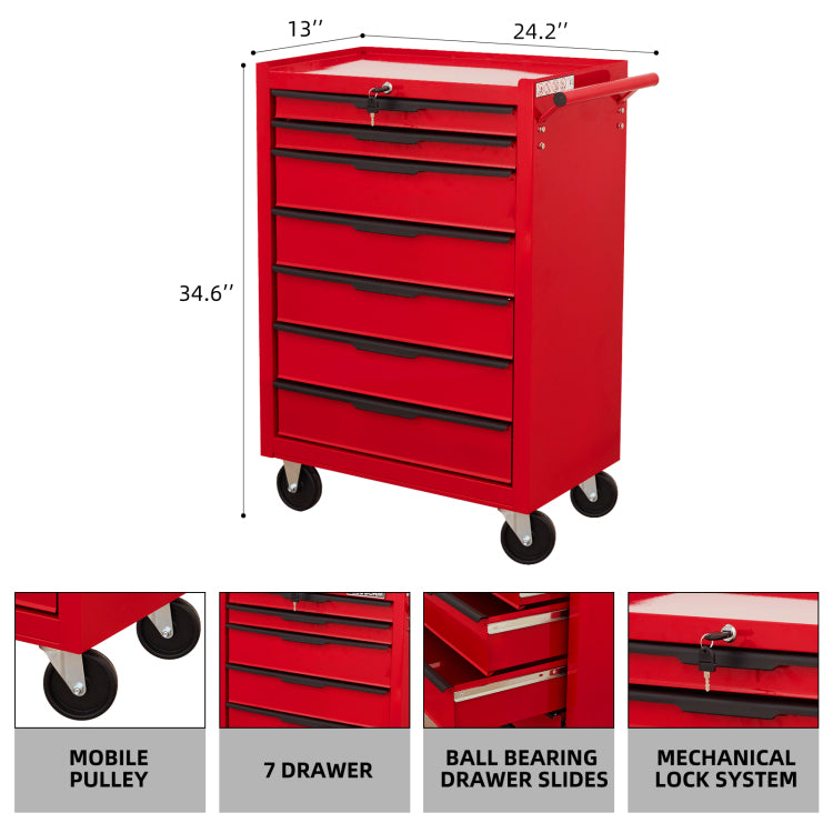 7 Drawer Rolling Tool Chest Cabinet, Large Capacity Metal Tool Box With Wheels And Cylinder Locking, Roll Around Storage Organizer Tool Cart For Garage, Warehouse, Work Shop Red