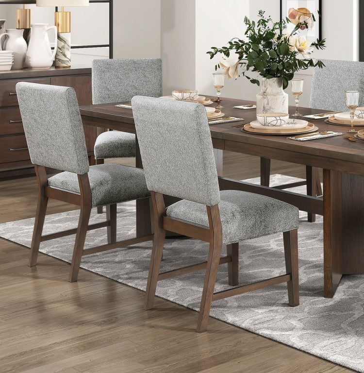 Walnut Finish Wood Side Chairs Set Of 2, Gray Textured Fabric Upholstered Seat And Back Modern Dining Furniture