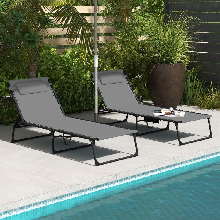 Outsunny Folding Chaise Lounge Set With 5 Level Reclining Back, Outdoor Lounge Tanning Chair With Padded Seat, Side Pocket & Headrest For Beach, Yard, Patio, Gray