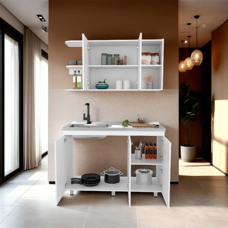 White Multifunctional Kitchen Cabinet Set With Ample Storage