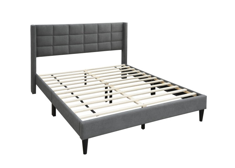 Elegant Modern 1Pc Full Size Bed Upholstered Box Design Headboard Bedframe Gray Brushed Linen