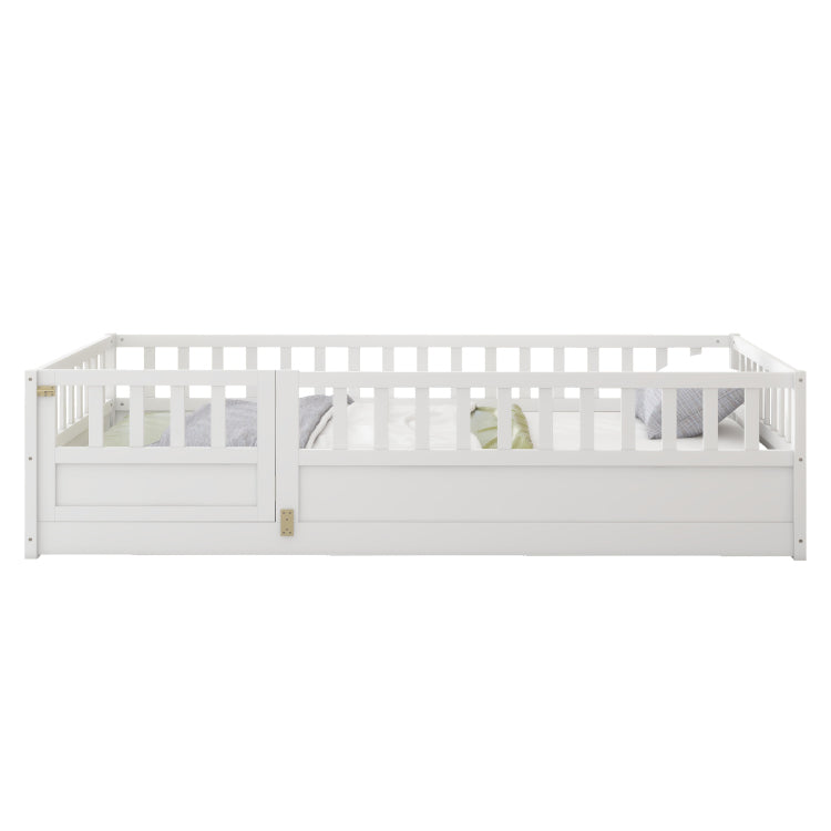 Twin Size Floor Bed, Integral Construction With Super High Security Barrier, Door, Children'S Floor Bed Frame, Montessori Wooden Children'S Floor Bed, White Patented Model