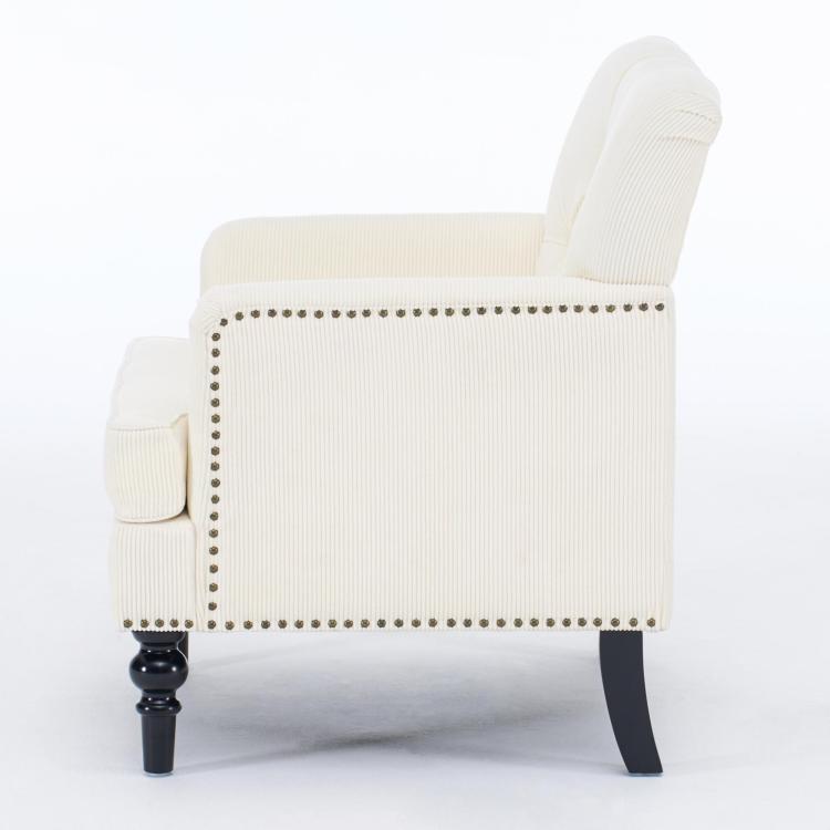 Tufted Club Chair, Accent Chair, Upholstered Button Armchair, Linen Fabric Corduroy Sofa Chairs For Bedroom, Living Room, Mid Century Modern With Studded Reading Chair Beige