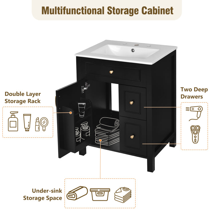 24 Inch Bathroom Vanity With Ceramic Sink, 1 Soft Close Door, 2 Soft Close Drawers, And Double Storage Racks On The Door