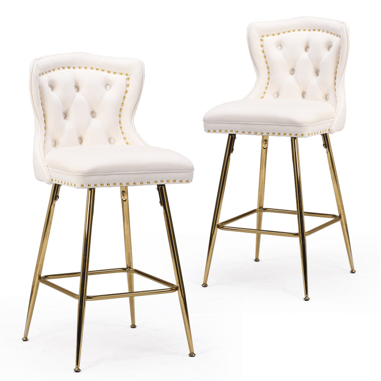 Bar Stools Set Of 2, Velvet Counter Height Bar Stools With Metal Legs, Button Tufted And Nailheads Trim, Wing Back Bar Chairs For Kitchen Island Dining Room Pub, Beige