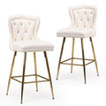 Bar Stools Set Of 2, Velvet Counter Height Bar Stools With Metal Legs, Button Tufted And Nailheads Trim, Wing Back Bar Chairs For Kitchen Island Dining Room Pub, Beige