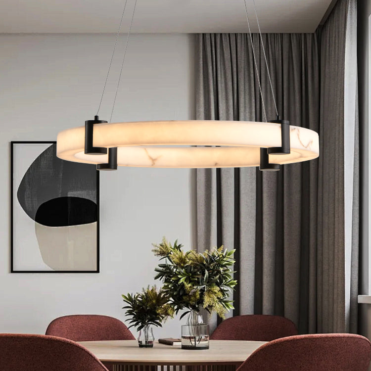 Modern Led Pendant Light, 24 Inch Round Hanging Chandelier With Adjustable Height, Imitation Marble Finish Resin Ring Ceiling Light For Dining Room, Kitchen Island, Living Room