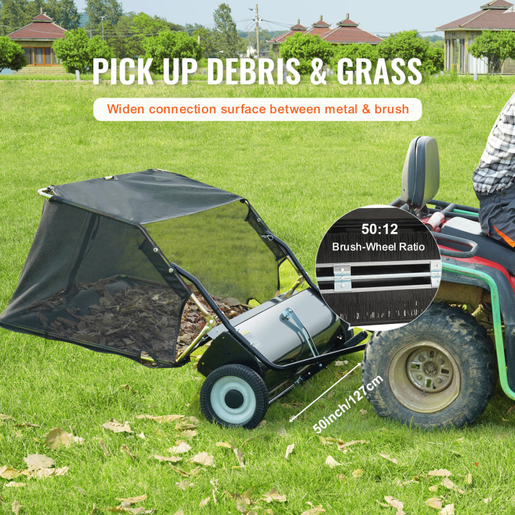 50" Tow Behind Lawn Sweeper 26 Cu. Ft. Leaf & Grass Collector Adjustable Height