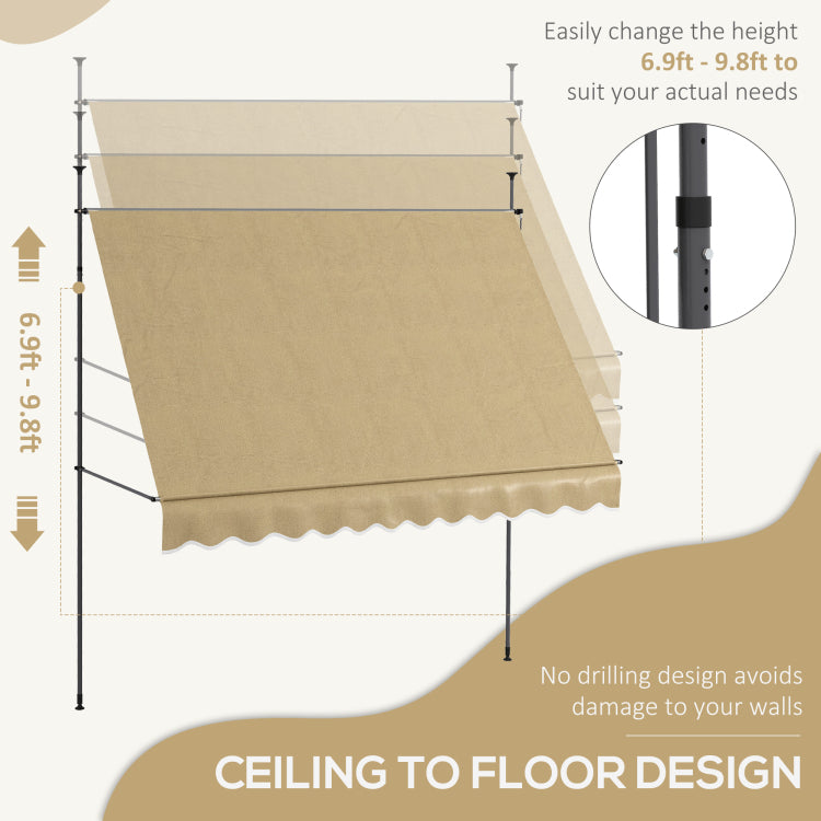 Outsunny Manual Retractable Awning, 118" Non Screw Freestanding Patio Sun Shade Shelter With Support Pole Stand And Uv Resistant Fabric, For Window, Door, Porch, Deck, Beige