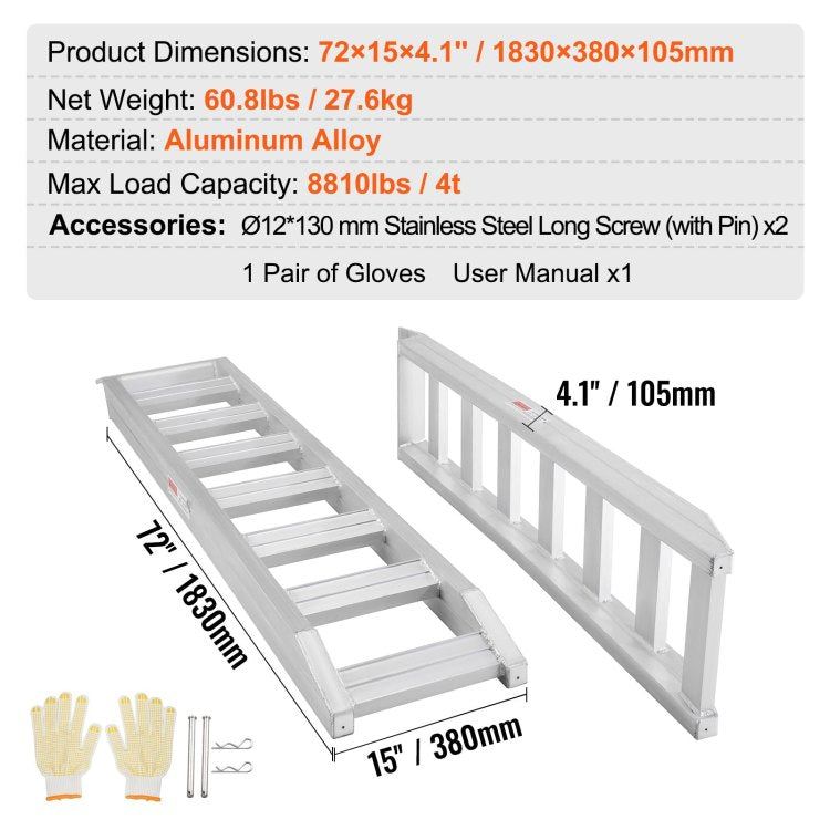 Aluminum Ramps, 8810 Lbs, Heavy Duty Ramps With Top Hook Attaching End, Universal Loading Ramp For Motorcycle, Tractor, Atv Utv, Trucks, Lawn Mower, 72"L X 15"W, 2Pcs