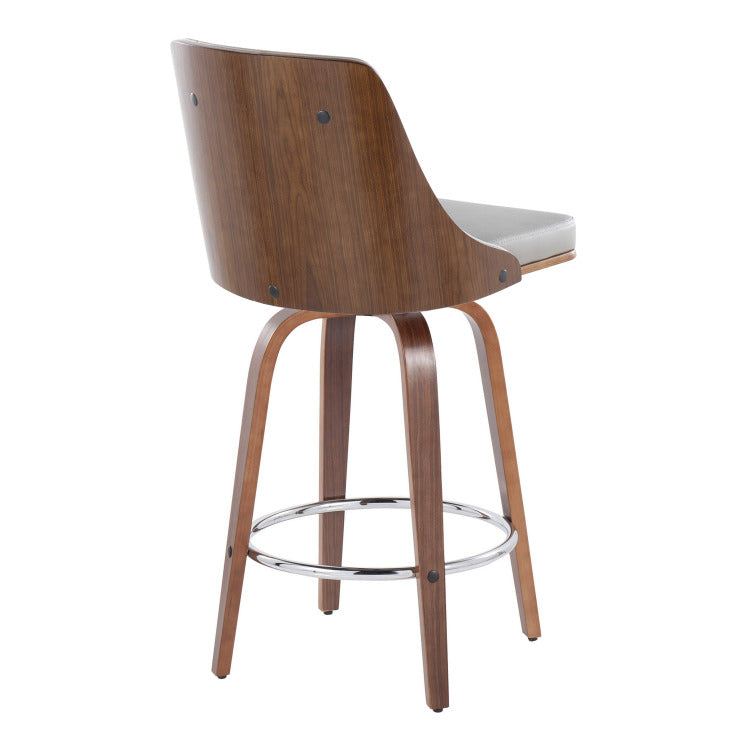 26" Mid Century Modern Fixed Height Counter Stool With Swivel In Walnut Wood And Light Grey Faux Leather With Round Chrome Metal Footrest Set Of 2