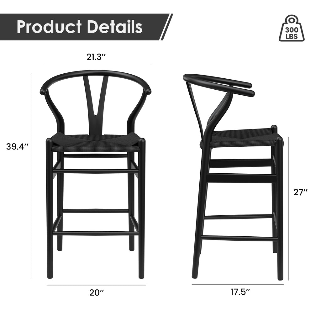Wishbone Barstool,Weave Counter Height Bar Stools, Fully Assembled Rattan Bar Chairs For Kitchen Island,1Pc,Black