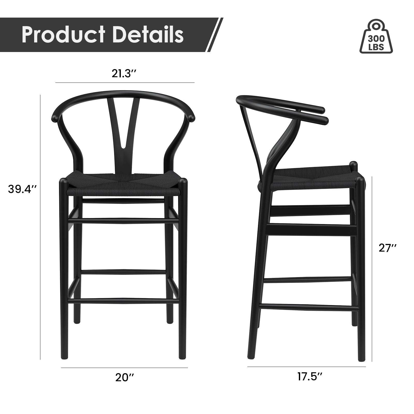 Wishbone Barstool,Weave Counter Height Bar Stools, Fully Assembled Rattan Bar Chairs For Kitchen Island,1Pc,Black