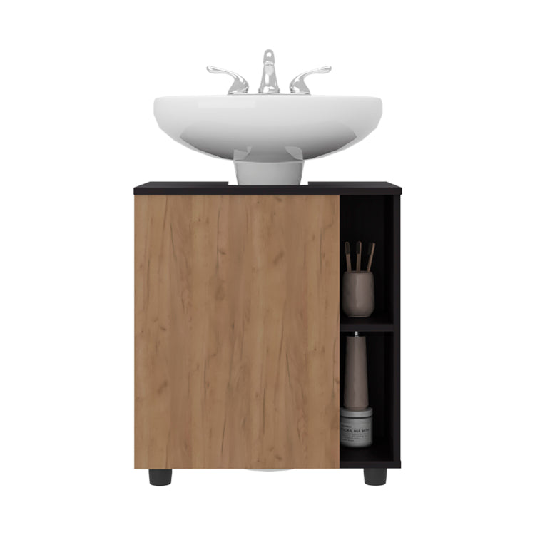 Under Sink Storage 24.4" H, 1 Door, 4 Shelves, 4 Legs, Natural Oak Black Wengue Bathroom