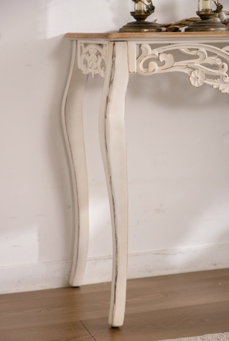 43.31" French Country Carved Console Table Antique White Distressed Solid Wood & Mdf Entry Table With Curved Legs For Hallway Living Room