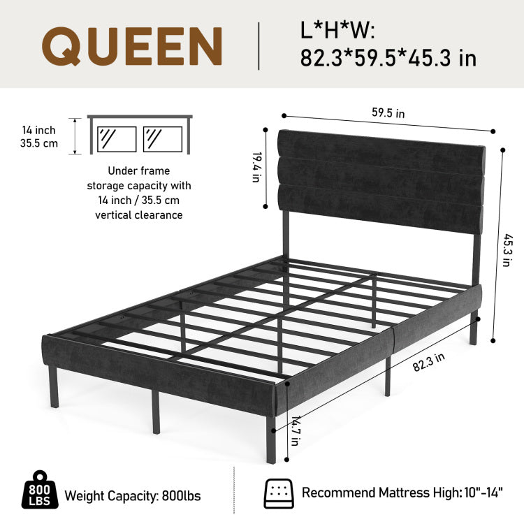Queen Size Upholstered Platform Bed Frame With Headboard, No Box Spring Needed, 14'' Underbed Storage