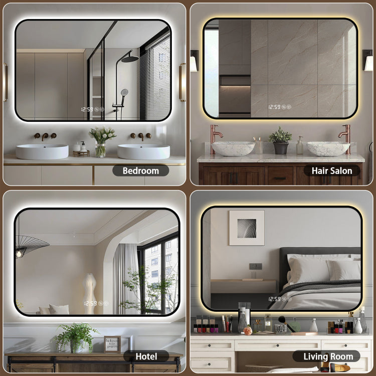 48X32 Black Frame Wall Mirror With Rounded Corners Vanity Mirror, Temperature Display, Tri Color Light, Defogging, High Quality Aluminum Alloy Frame, High Definition Tempered Glass