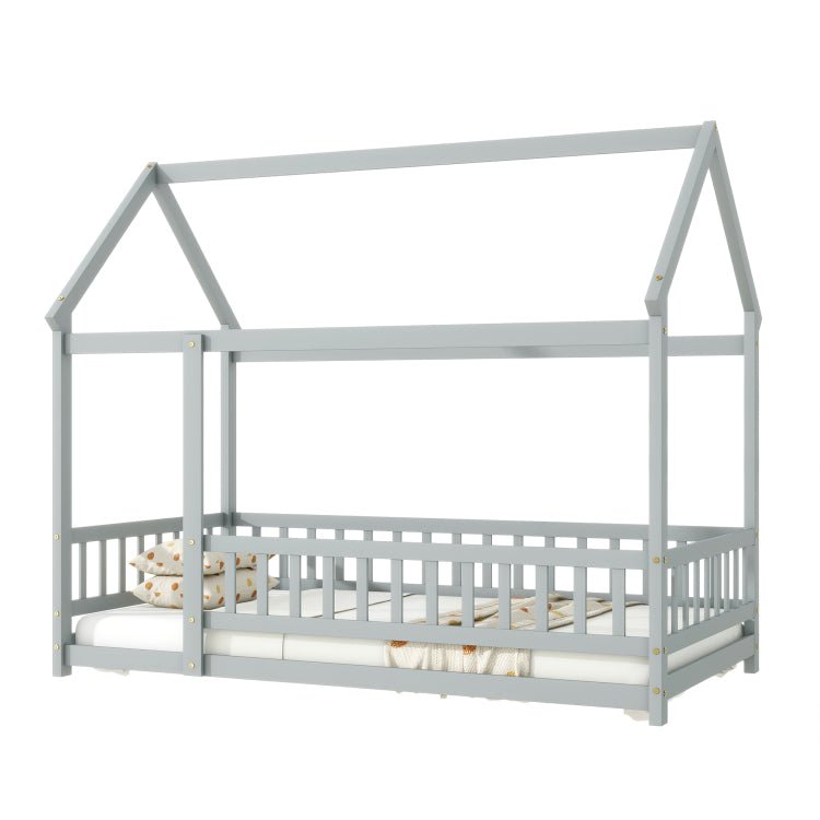 Twin Size House Floor Wooden Bed With Roof Frame,Safety Guardrails,Grey