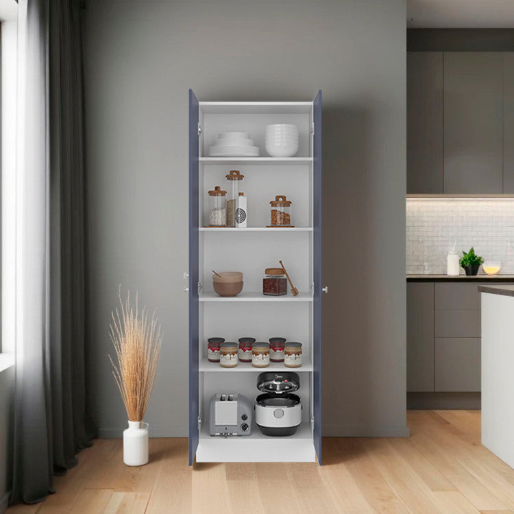 Lambardi Tall Multistorage Cabinet With Double Door, Five Shelves, Freestanding Kitchen Or Laundry Room Storage Cabinet, Navy Blue And White