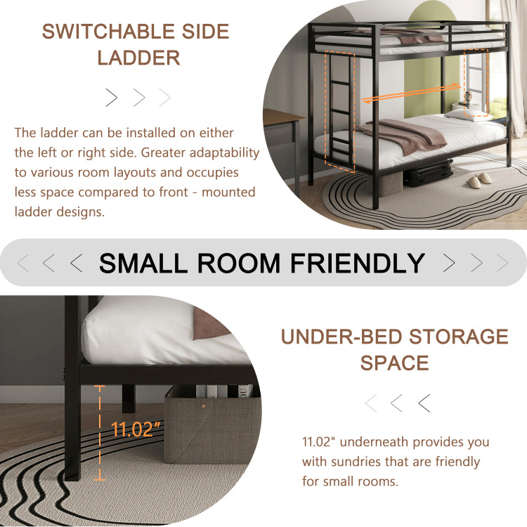 Adam Sturdy Twin Over Twin Bunk Bed Metal Black For Kids And Adult, Twin Over Twin Bunk Bed With Ladder And Guardrails, Easy Climbing, Beds For Bedroom