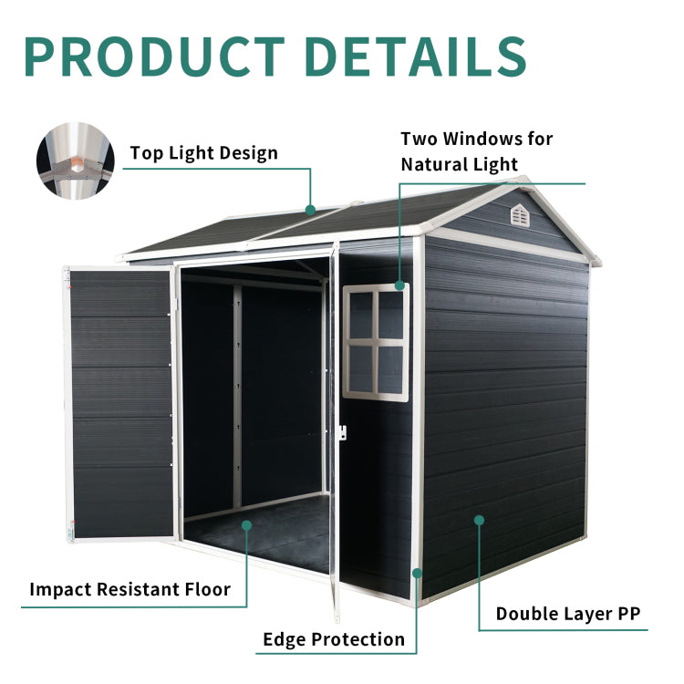 8X4Ft Outdoor Resin Garden Shed With Floor And 2 Windows, Plastic Patio Outdoor Storage Shed With Lockable Door For Garden Tools, Bicycles, Trash Cans, Black